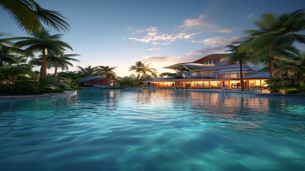 A panoramic view of Amrit Ocean Resort’s beachfront pool and sunrise over crystal‑clear waters.
