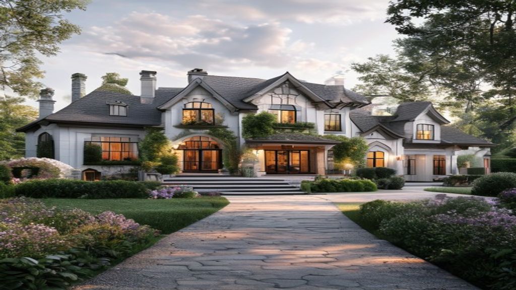Elegant stone manor surrounded by rolling hills, showcasing upscale country living with refined architectural details