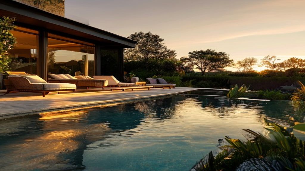 Elegant modern luxury home featuring a sparkling infinity pool surrounded by sleek glass walls and landscaped gardens.