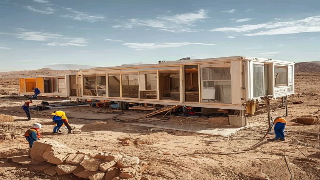Modern modular cabin with wooden exterior and cozy interior lighting