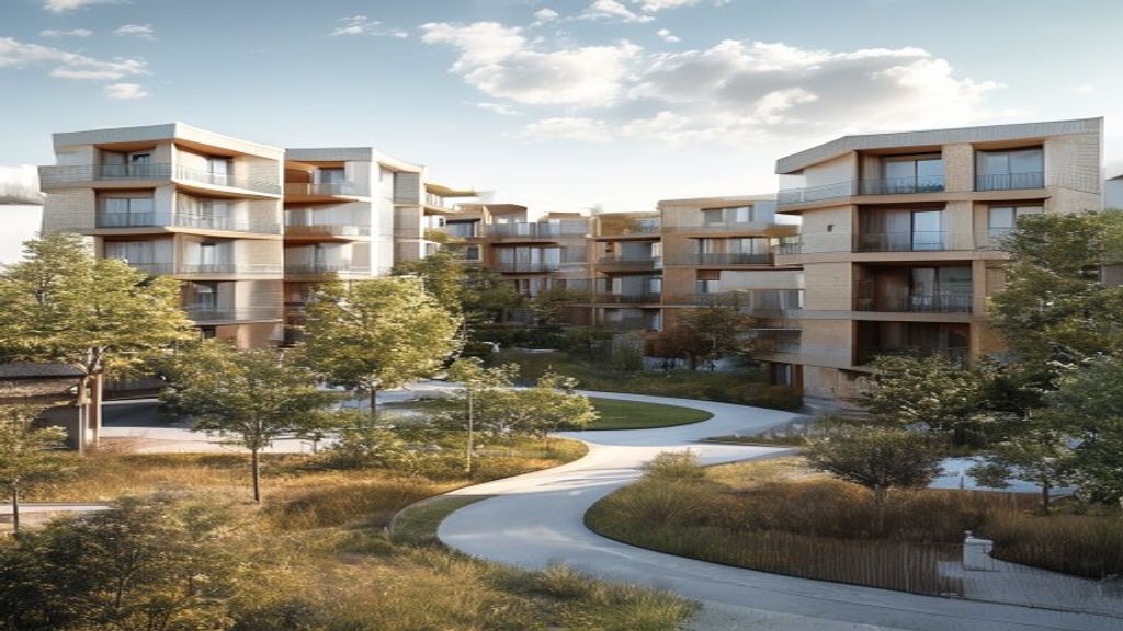 A modern new housing development featuring rows of contemporary homes and green spaces.