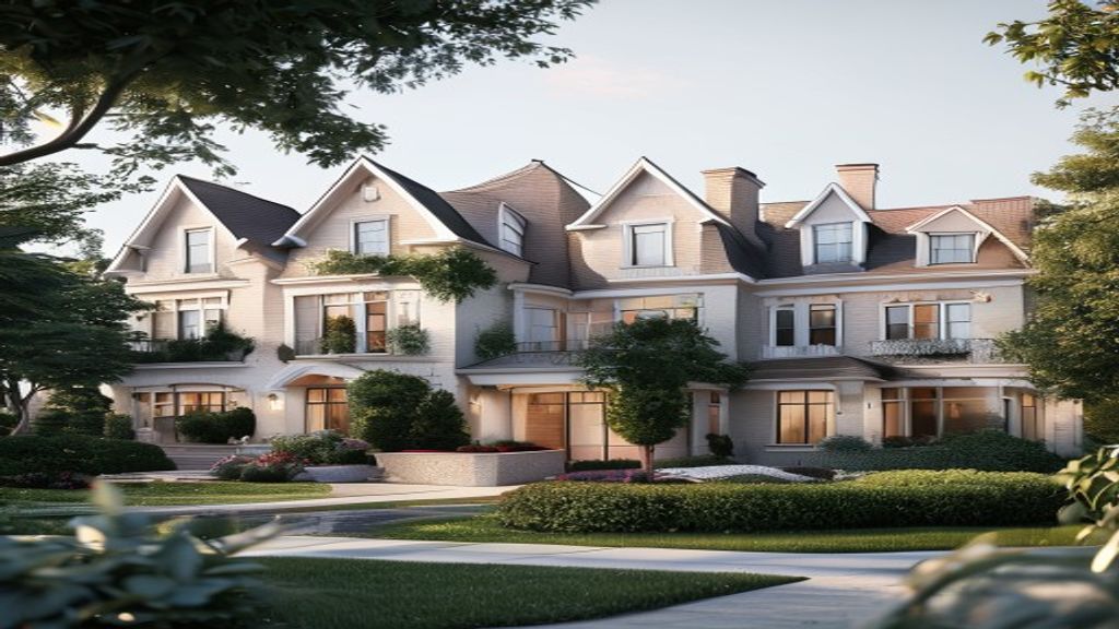 Elegant posh houses with grand façades, polished stone exteriors, and manicured gardens, exemplifying upscale suburban living.