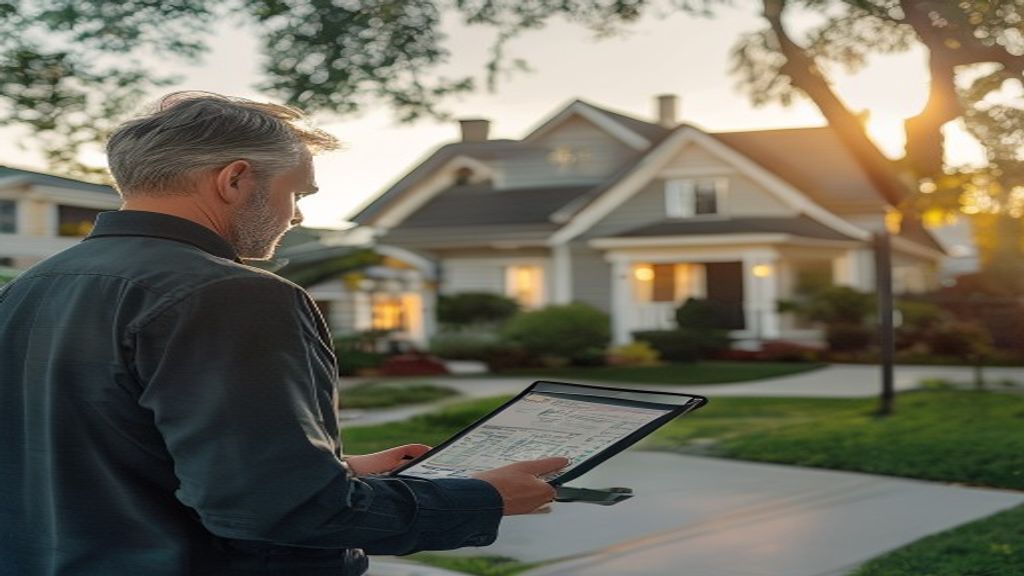Professional appraiser reviewing a suburban home’s market value using blueprints and price data
