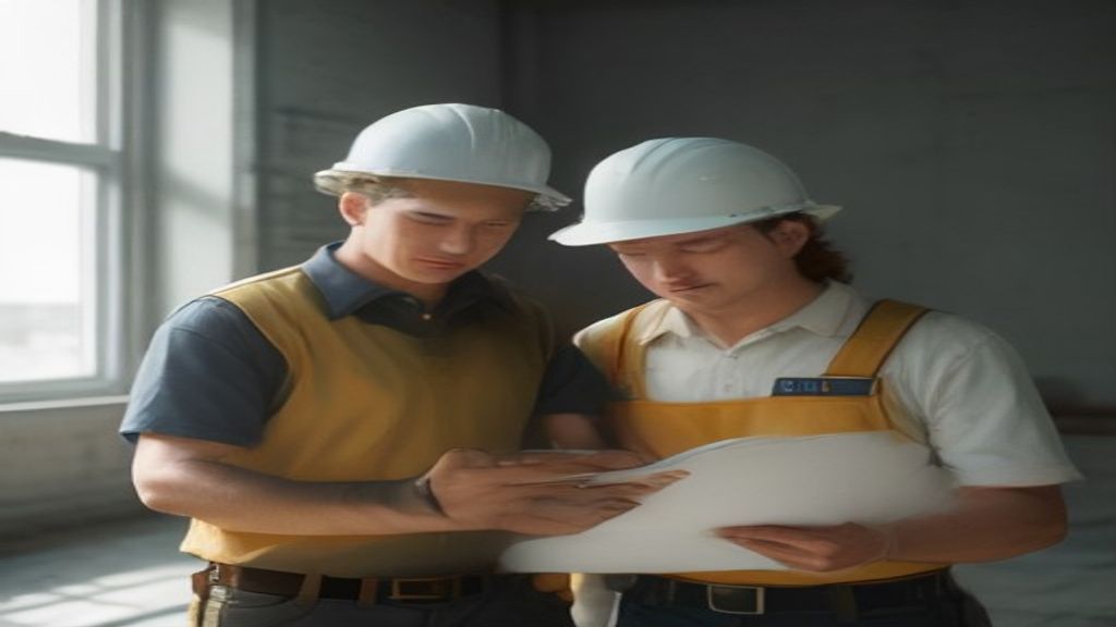 A team of home building company professionals reviewing blueprints on a construction site