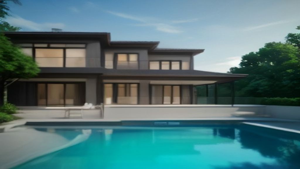 Luxury house with modern architecture featuring a sparkling infinity pool surrounded by sleek patio seating.